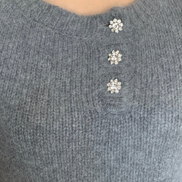 Vintage Armand Ventilo Lambswool Sweater Sz M Gray Fluffy Rhinestones Coquette - Picture 4 of 11